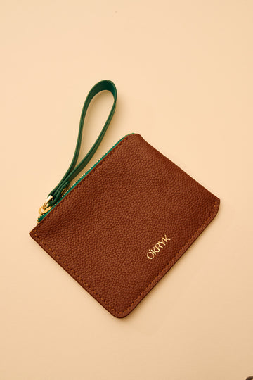 Caramel Leather Wallet with a Green Strap