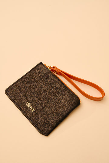 Black Leather Wallet with an Orange Strap