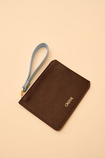 Brown Leather Wallet with a Blue Strap