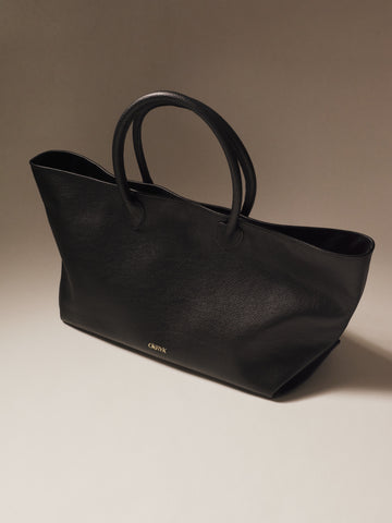 Black Open Top Tote Leather Bag